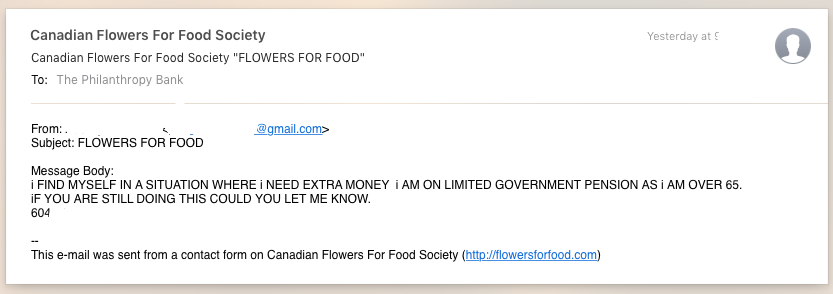 A letter asking for program information written to Flowers for Food. The Charity founded by Marrett Green 